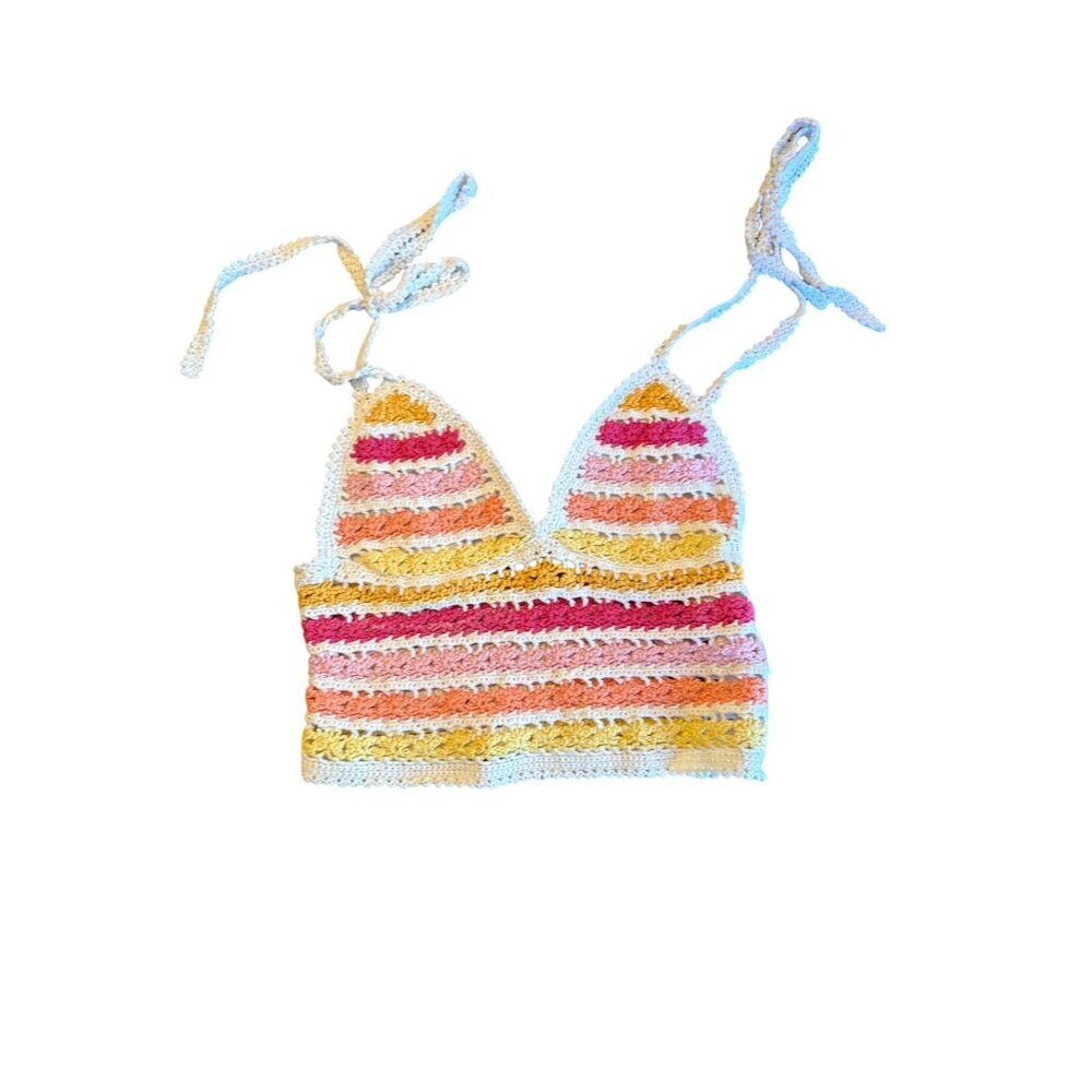 Crochet Knit Halter Striped Adjustable Ties Festival Summer Size S Multicolor